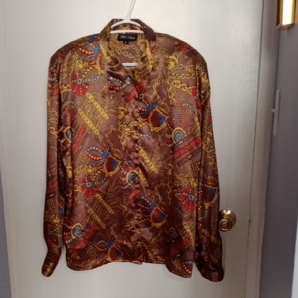 MARCELLA Vintage Pit To Pit 24 Brown and Red Graphic Button Down Blouse